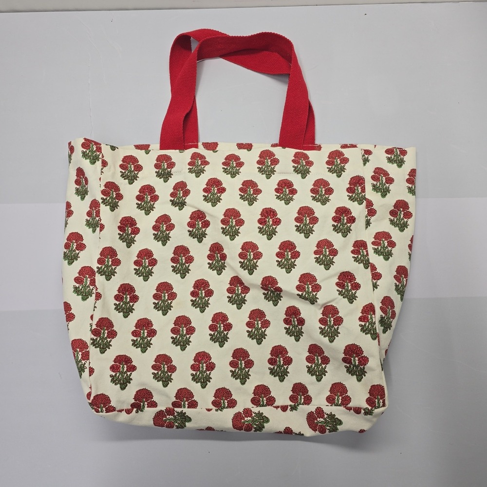 Floral Block Print Canvas‎ Tote Bag Red Cream Cotton